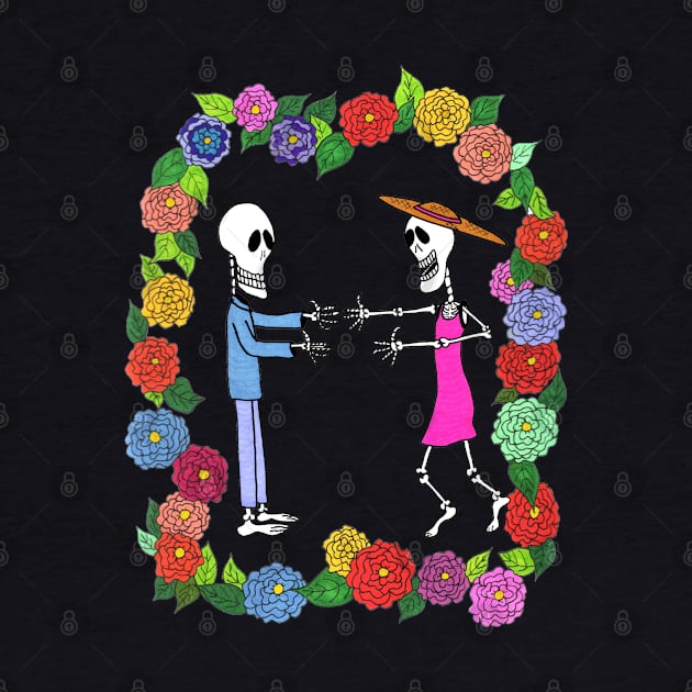 Skeleton Couple Man and Woman Happy to See each Other Hug by Kathy Braceland Art